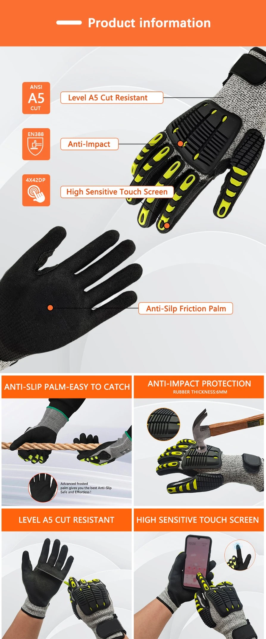 Factoryshop 10%Discount A5 Hppe Cut Resistant Impact Protection TPR Work Safety Anti Slip / Vibration Nitrile Sandy Palm Coated Touchscreen Gloves